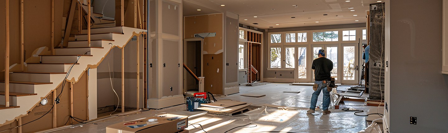 Interior renovation in progress with new drywall, framing and daylight through tall windows
