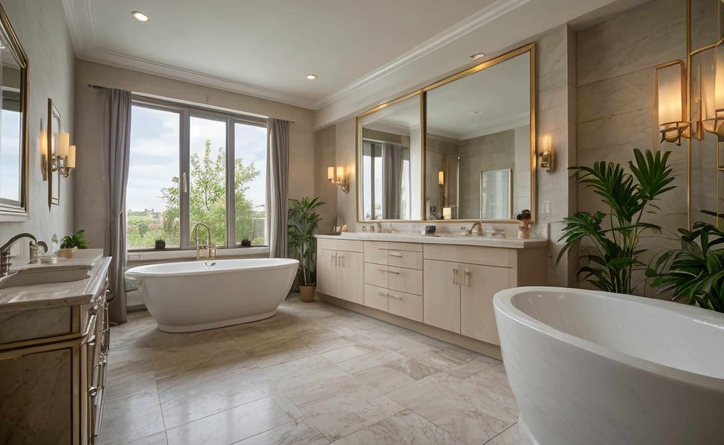 Bright bathroom with a freestanding tub, double vanity and large windows