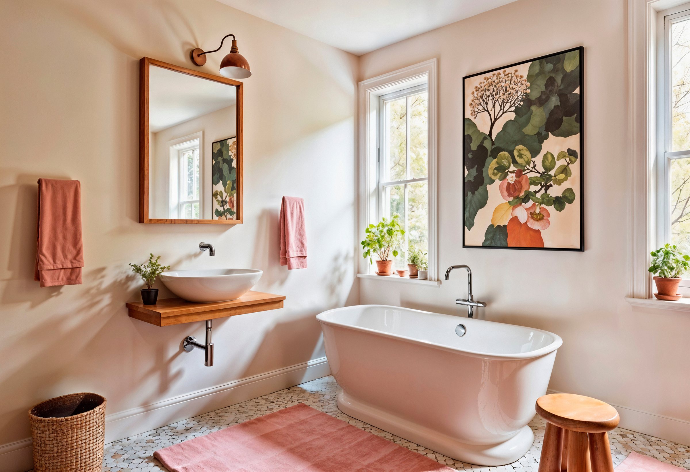 Bathroom with a freestanding soaking tub, blush walls and botanical art