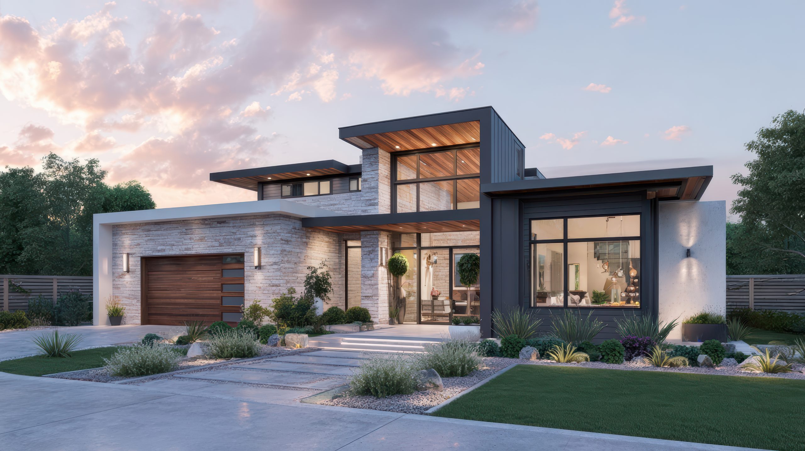 Modern home exterior with a stone and wood facade at dusk