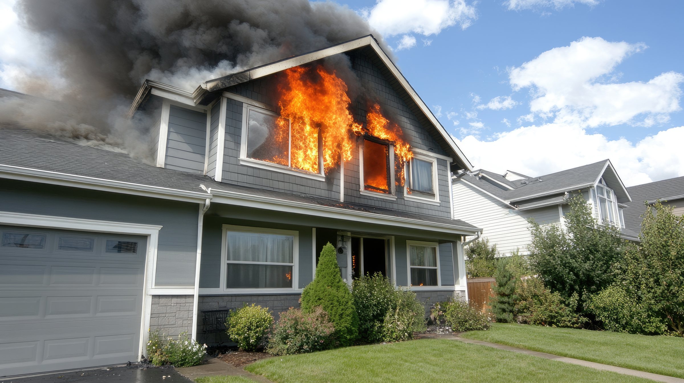 Flames and smoke coming from the upper floor of a house