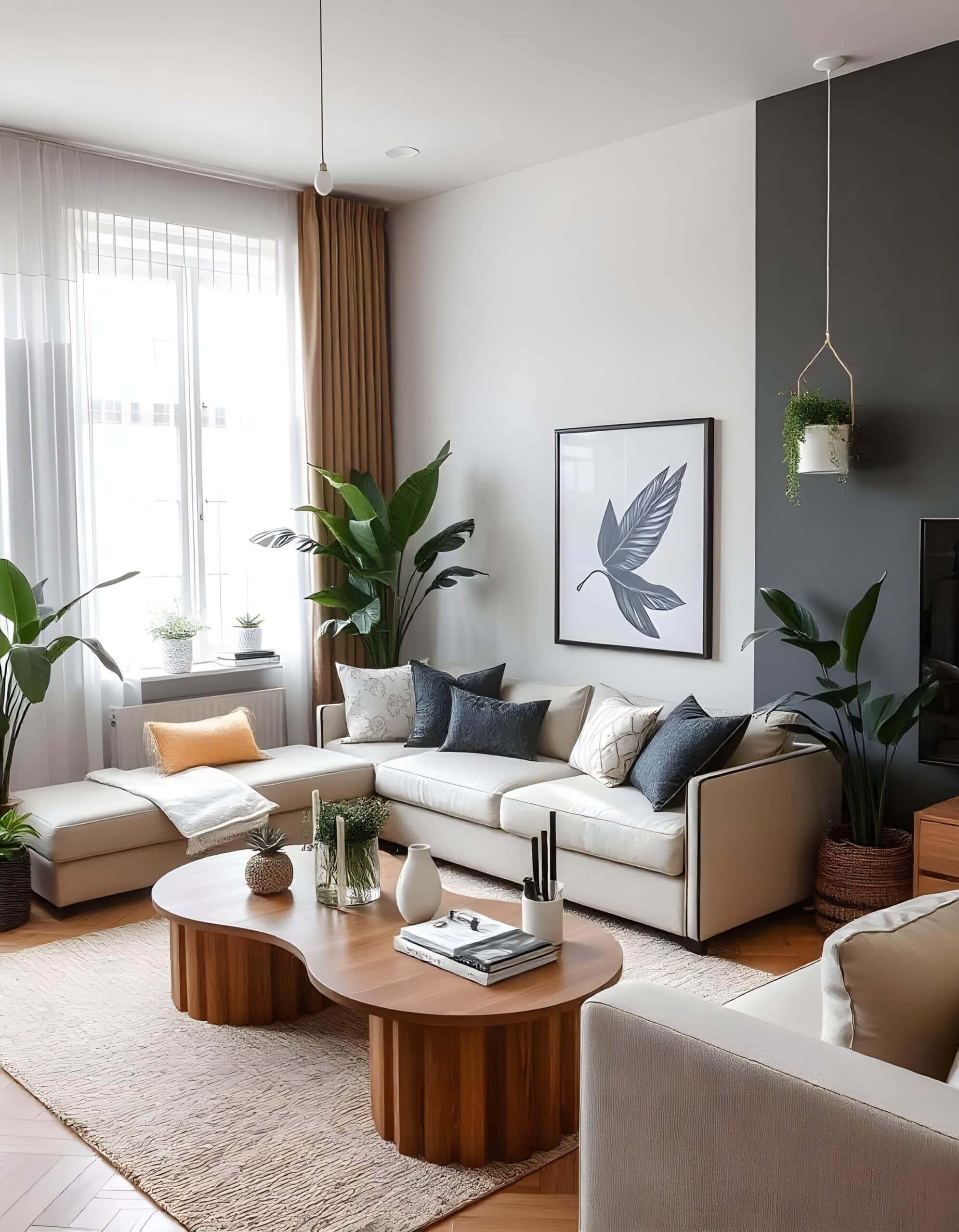 Renovated living room with a cream sofa, plants and a round coffee table