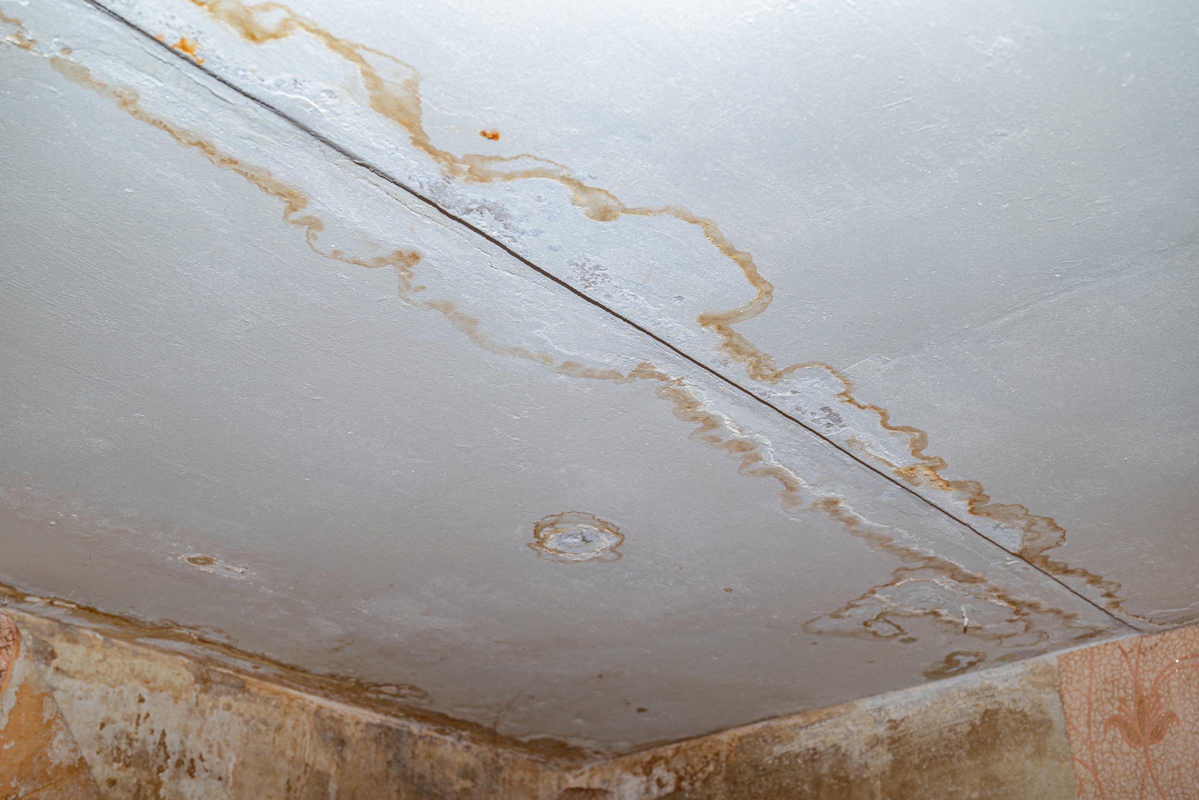 Ceiling stained and peeling from long-term water damage