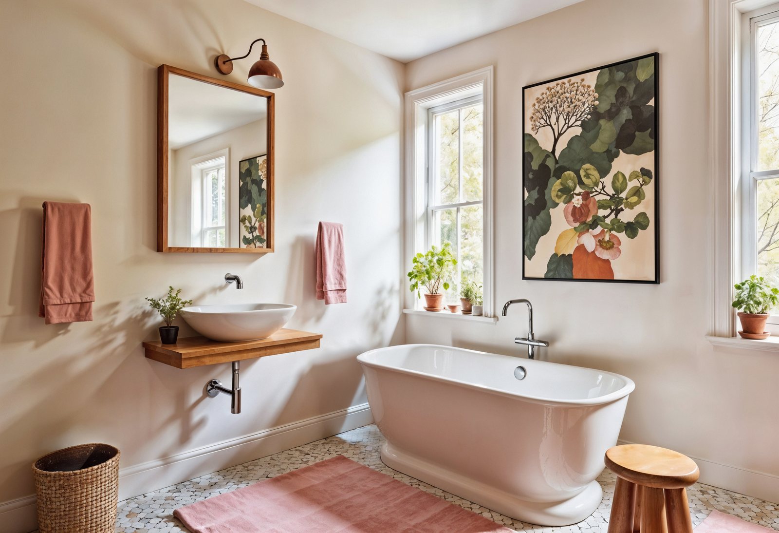 Bright bathroom with a freestanding tub, blush walls and a round mirror