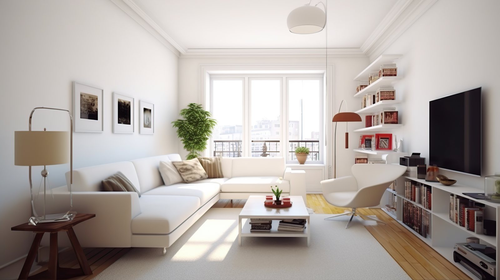 Renovated living room with a white sofa, built-in shelves and large windows