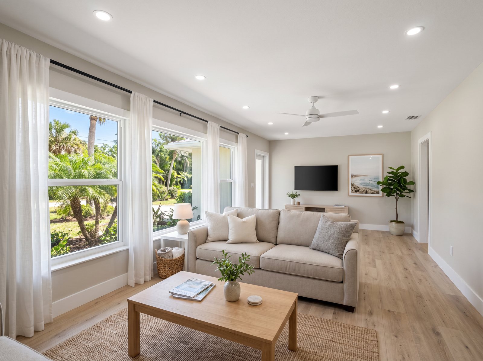 After: the same living room fully restored and furnished
