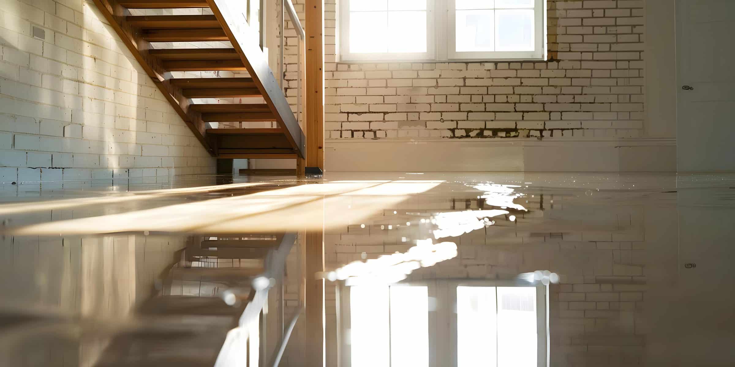 Flooded interior floor reflecting light from the windows