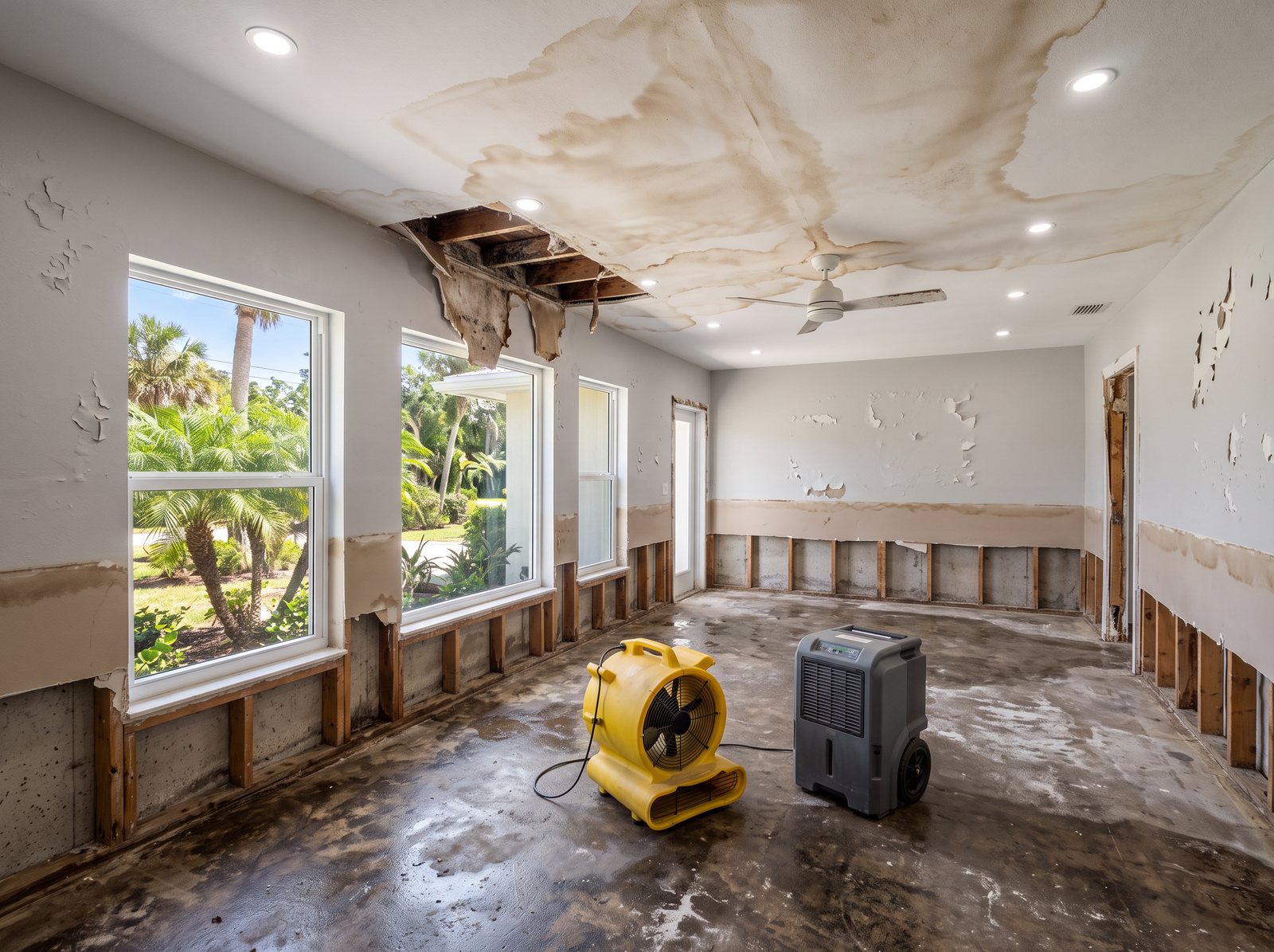 Before: water-damaged living room with flood-cut walls, a collapsed ceiling and drying equipment