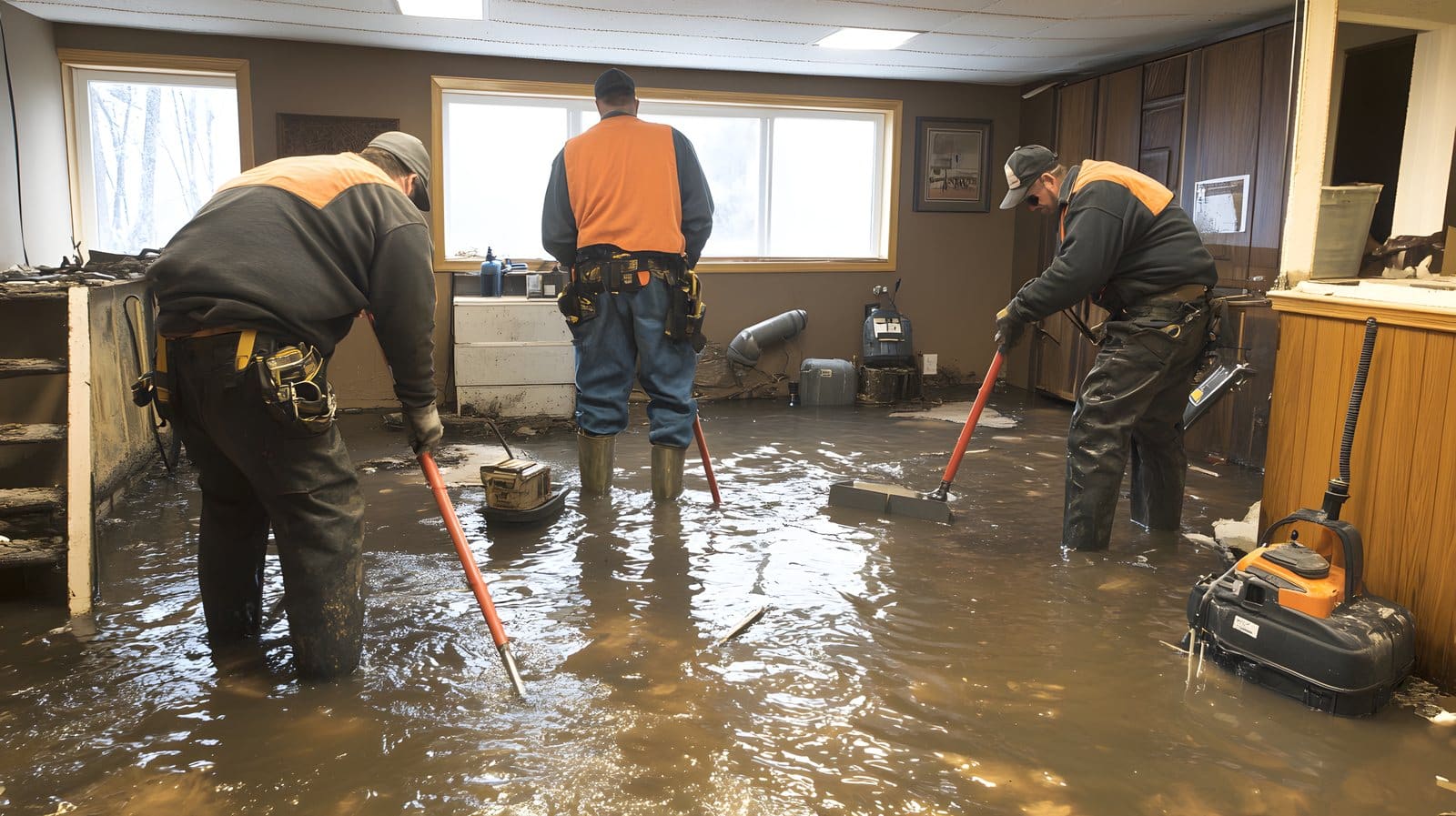 Restoration crew in safety vests clearing water from a flooded room