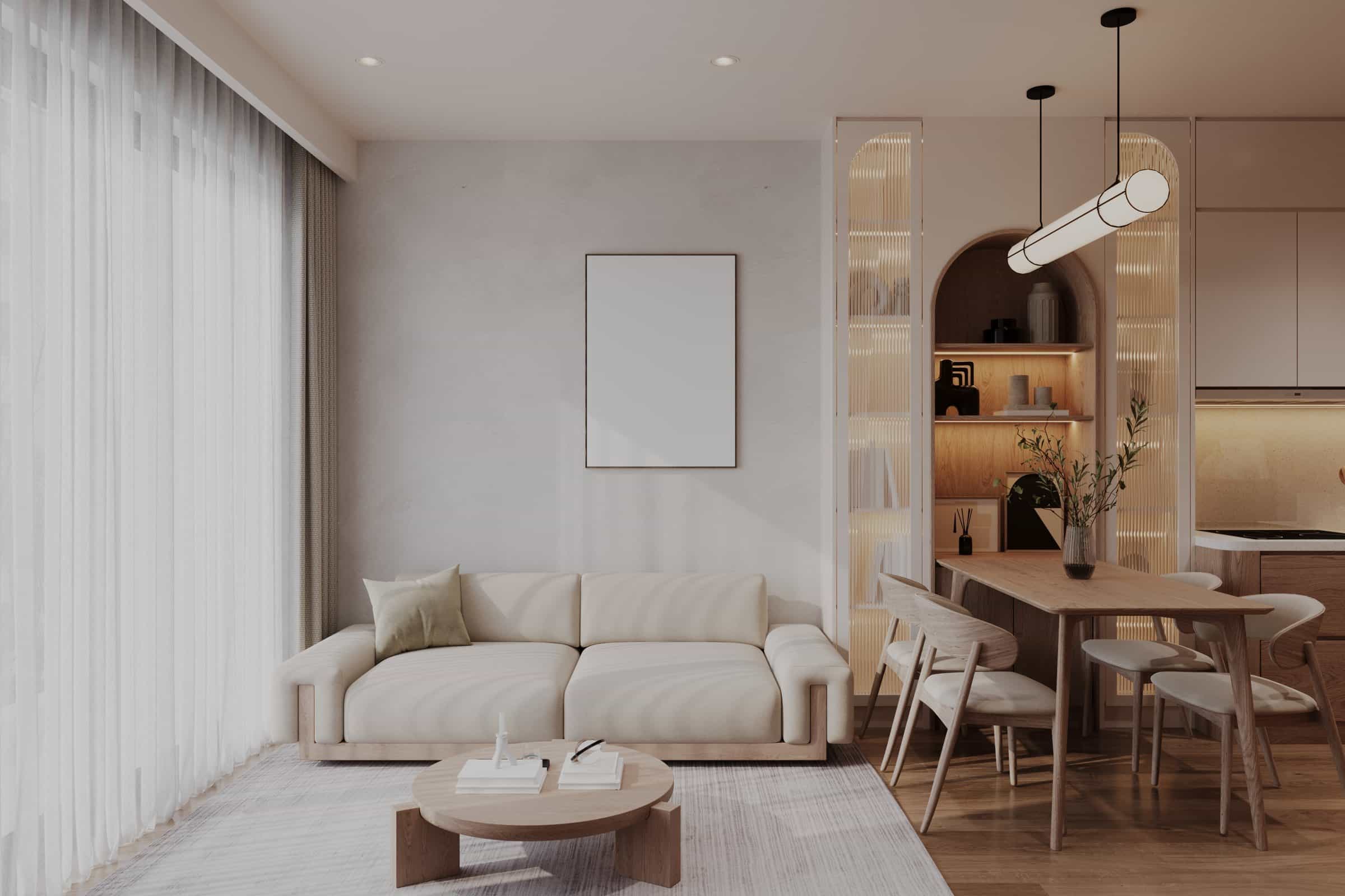 Modern living room with a neutral sofa, wood dining table and warm lighting