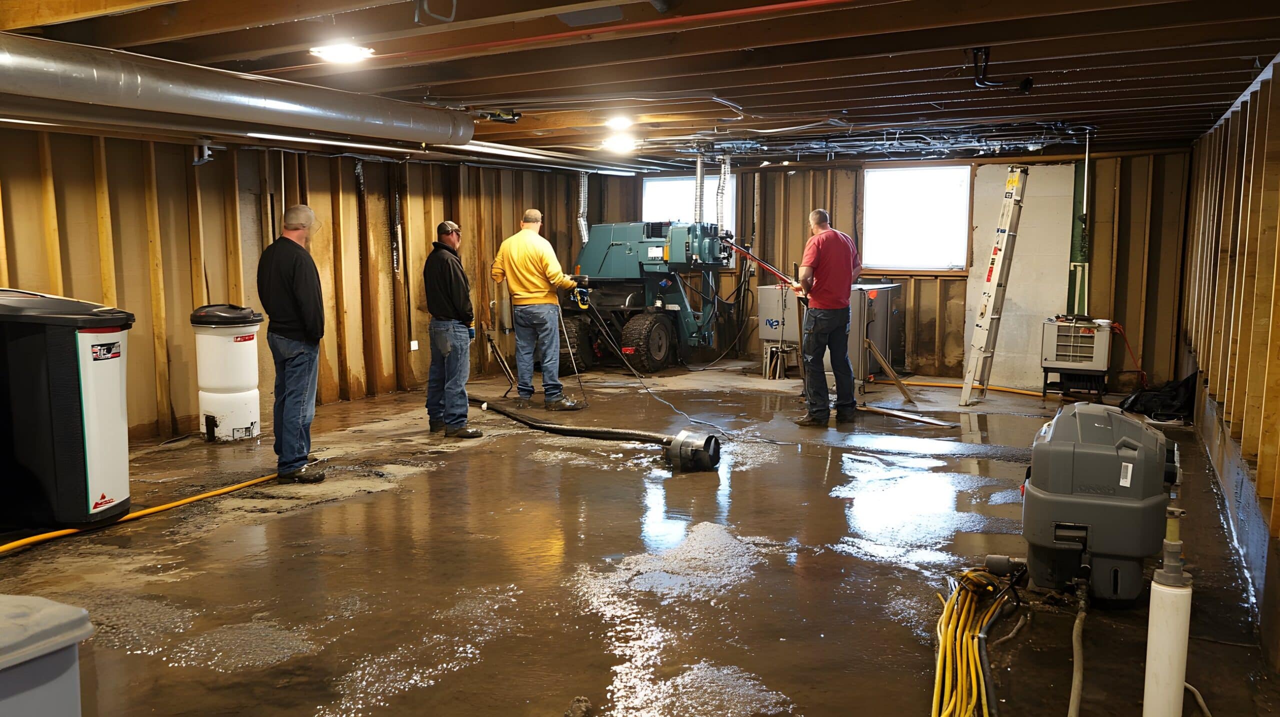 Restoration crew working in a water-damaged room